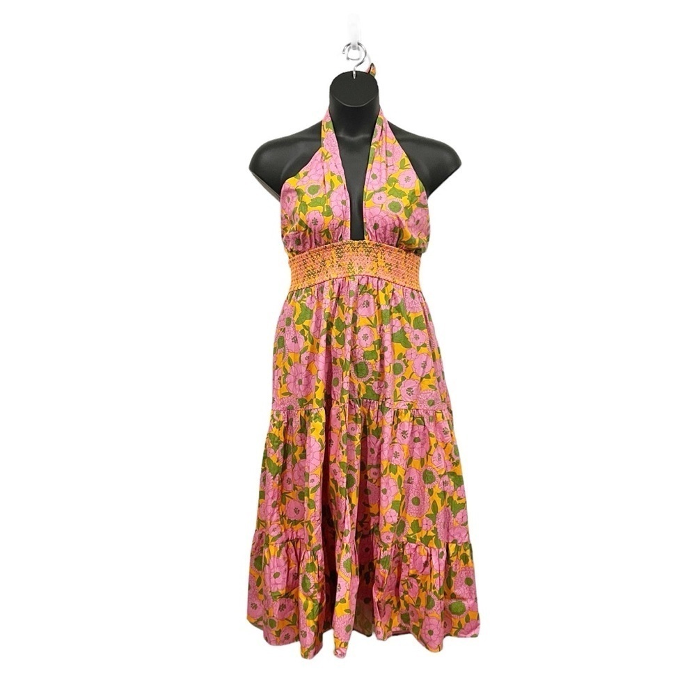 Flora Bea Frasier Floral Maxi Dress XL Orange Pink Long Halter Tiered Sundress - Picture 3 of 7
